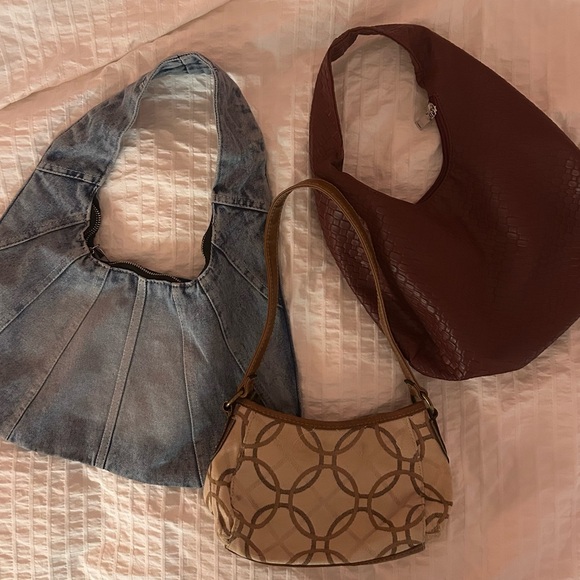 Handbags - Stylish Denim, Maroon, and Tan Women's Bag Set